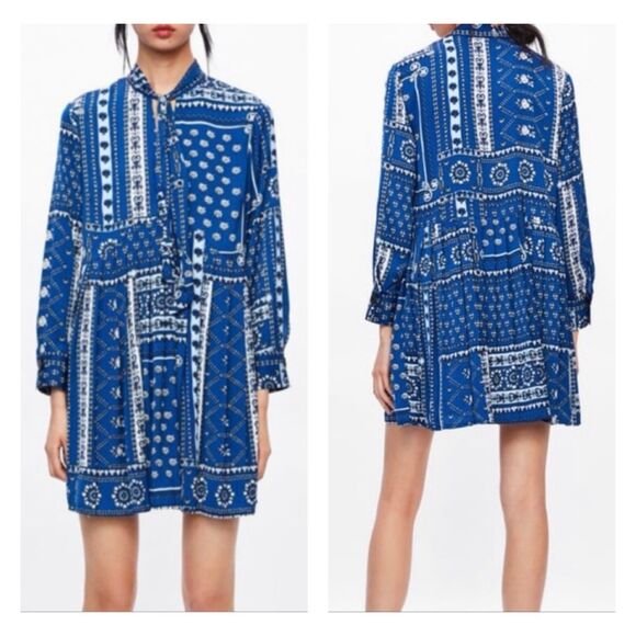 ZARA Patchwork Bandana Print Pleated Skirt Mini Dress w/ Necktie, Sz M - Picture 1 of 12